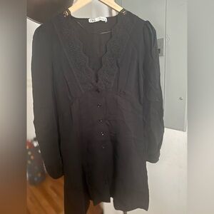 Zara Womens Black V-Neck Lace Long Sleeve  Short  Buttons Mini Dress Size S